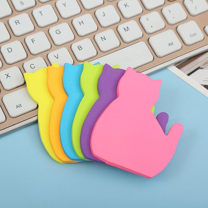 Cute Cat Sticky Notes, 6Pack 6 Bright Color Kawaii Sticky Notes for Cats Lover (6 Colors Shape 1)