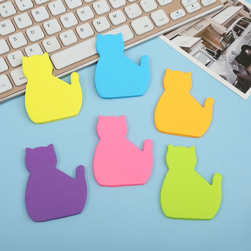 Cute Cat Sticky Notes, 6Pack 6 Bright Color Kawaii Sticky Notes for Cats Lover (6 Colors Shape 1)