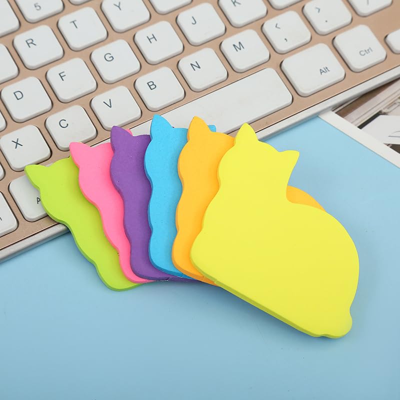 Cute Cat Sticky Notes, 6Pack 6 Bright Color Kawaii Sticky Notes for Cats Lover (6 Colors Shape 2)