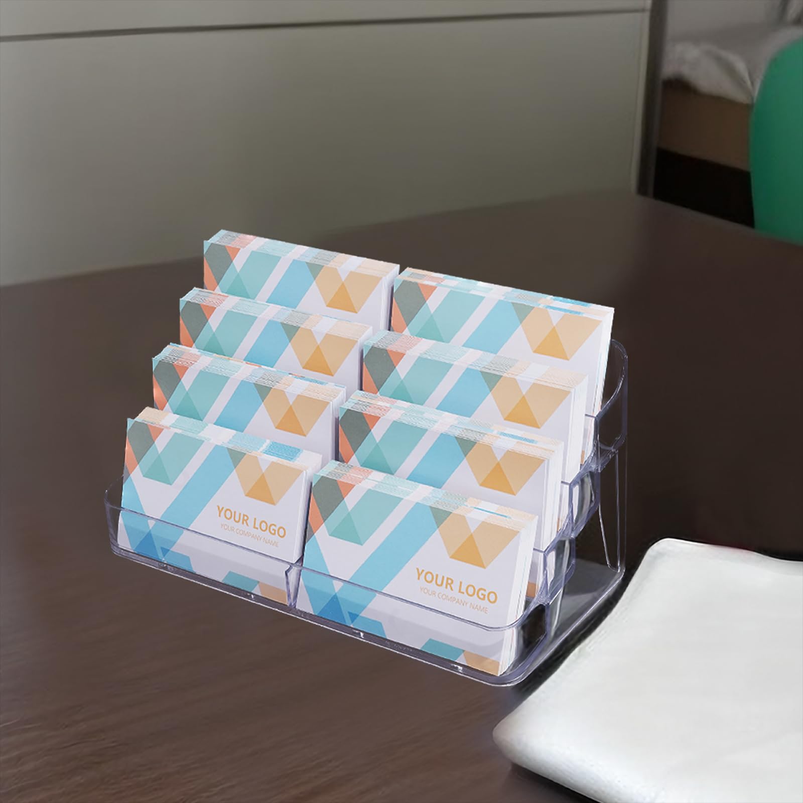 2 Pack Plastic Business Card Holder for Desk, Clear Acrylic Business Card Organizer, 8 Pockets 4 Layers Business Card Display Stand for Office