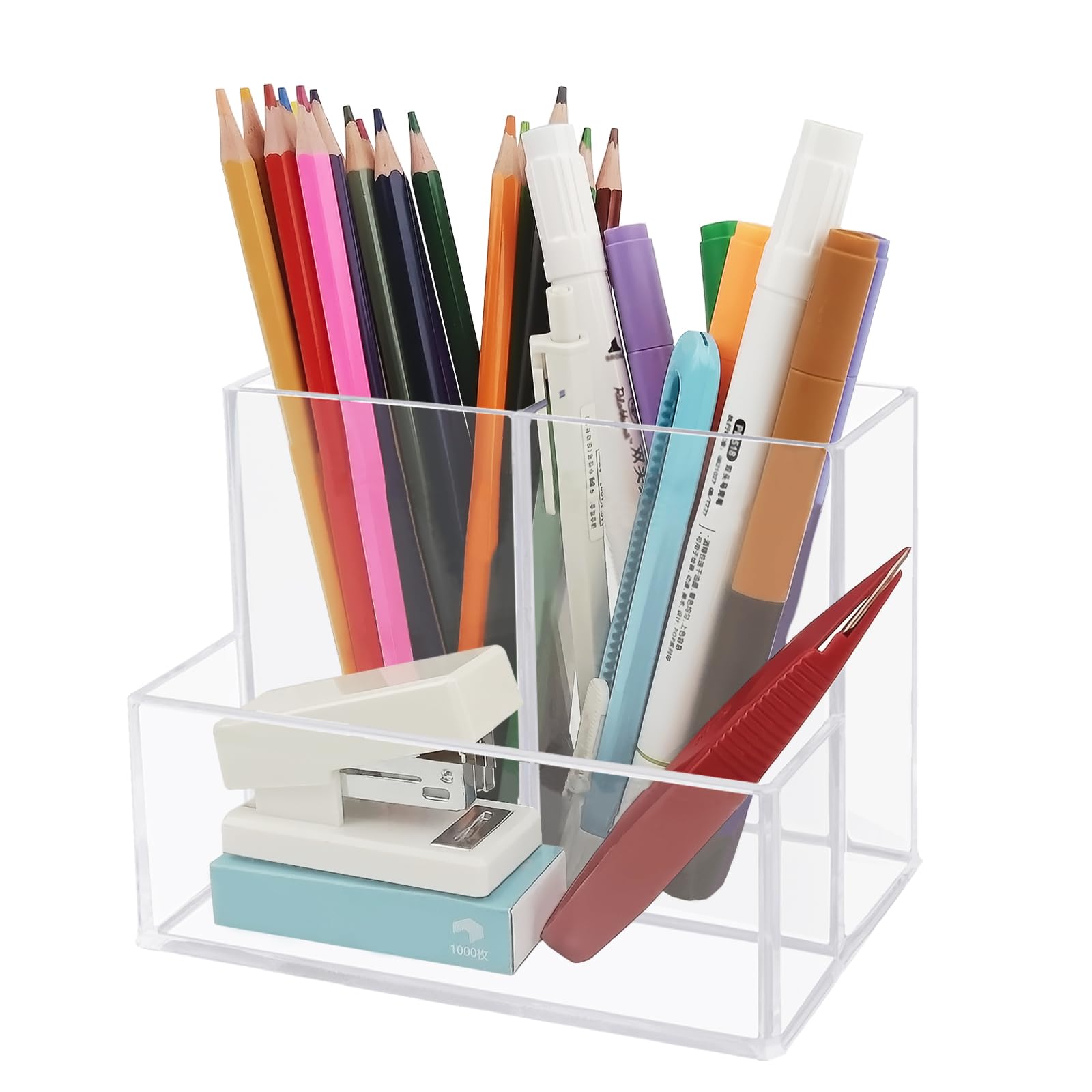 Desktop Clear Pen Holder with 3 Compartments, Acrylic Pencil Holders, Desk Organizers and Accessories