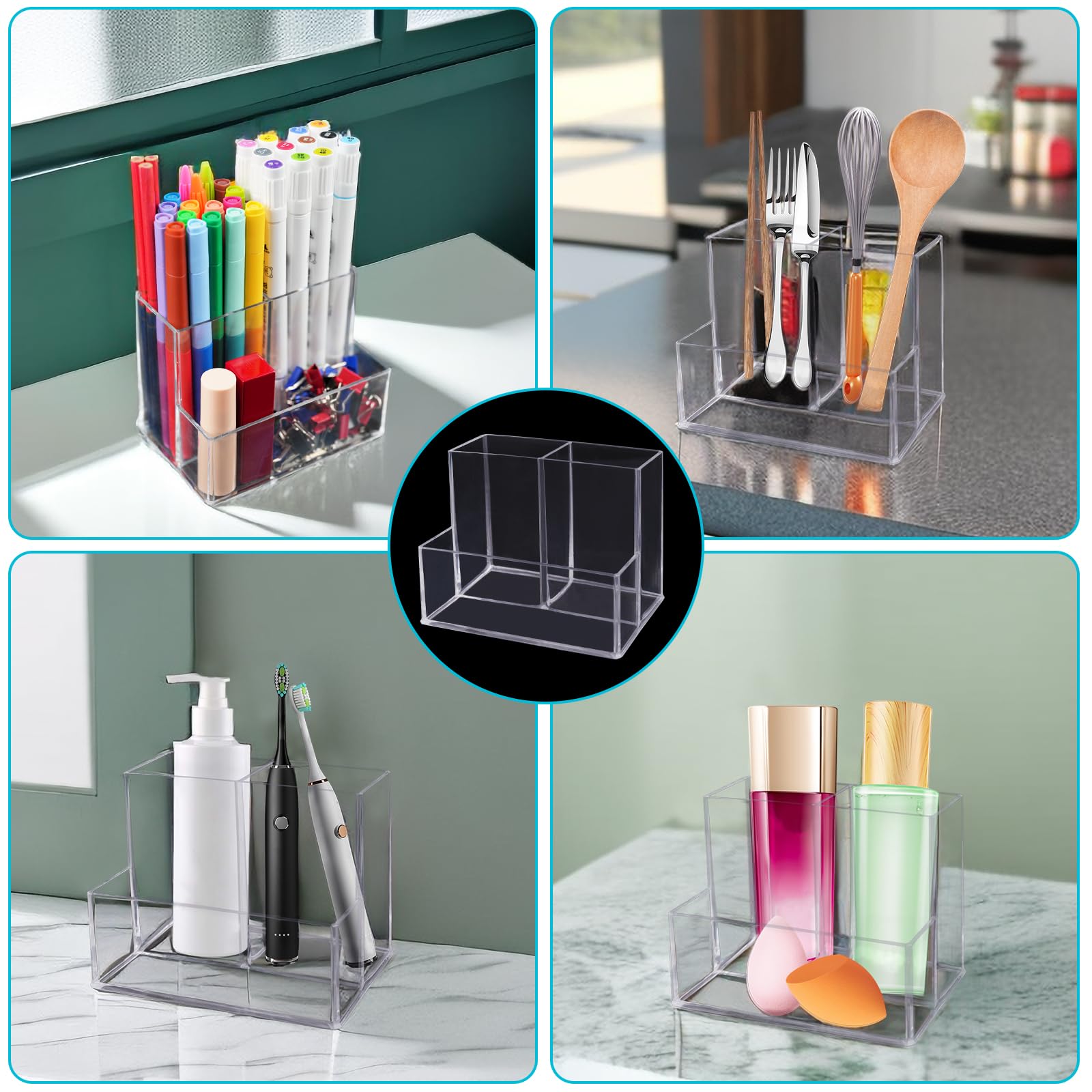 Desktop Clear Pen Holder with 3 Compartments, Acrylic Pencil Holders, Desk Organizers and Accessories