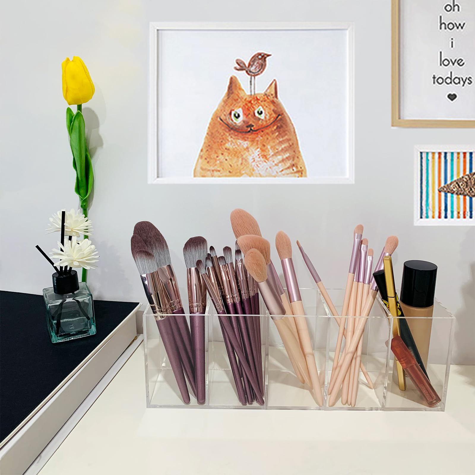 Acrylic Clear Pen Holder 5 Compartments Pencil Holder Desk Organizer Desktop Makeup Brush Holder