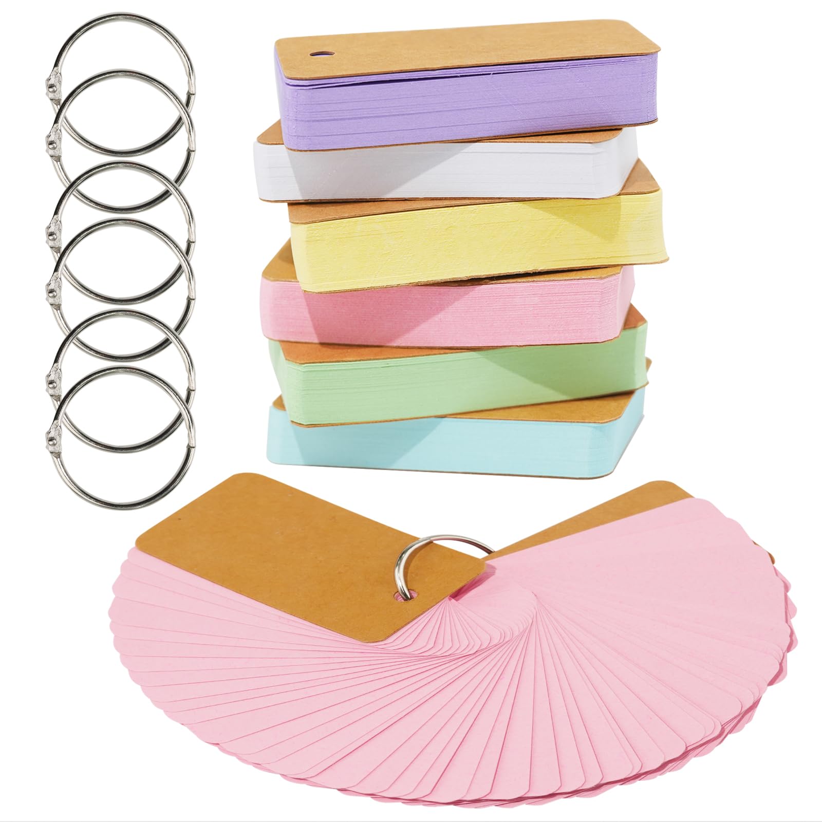 6 Pack Colored Flash Cards with 300 Sheets Study Cards, 2.7 * 1.6 Blank Notecards with Binder Ring, for DIY Greeting Cards, Kindness cards, and Study Cards